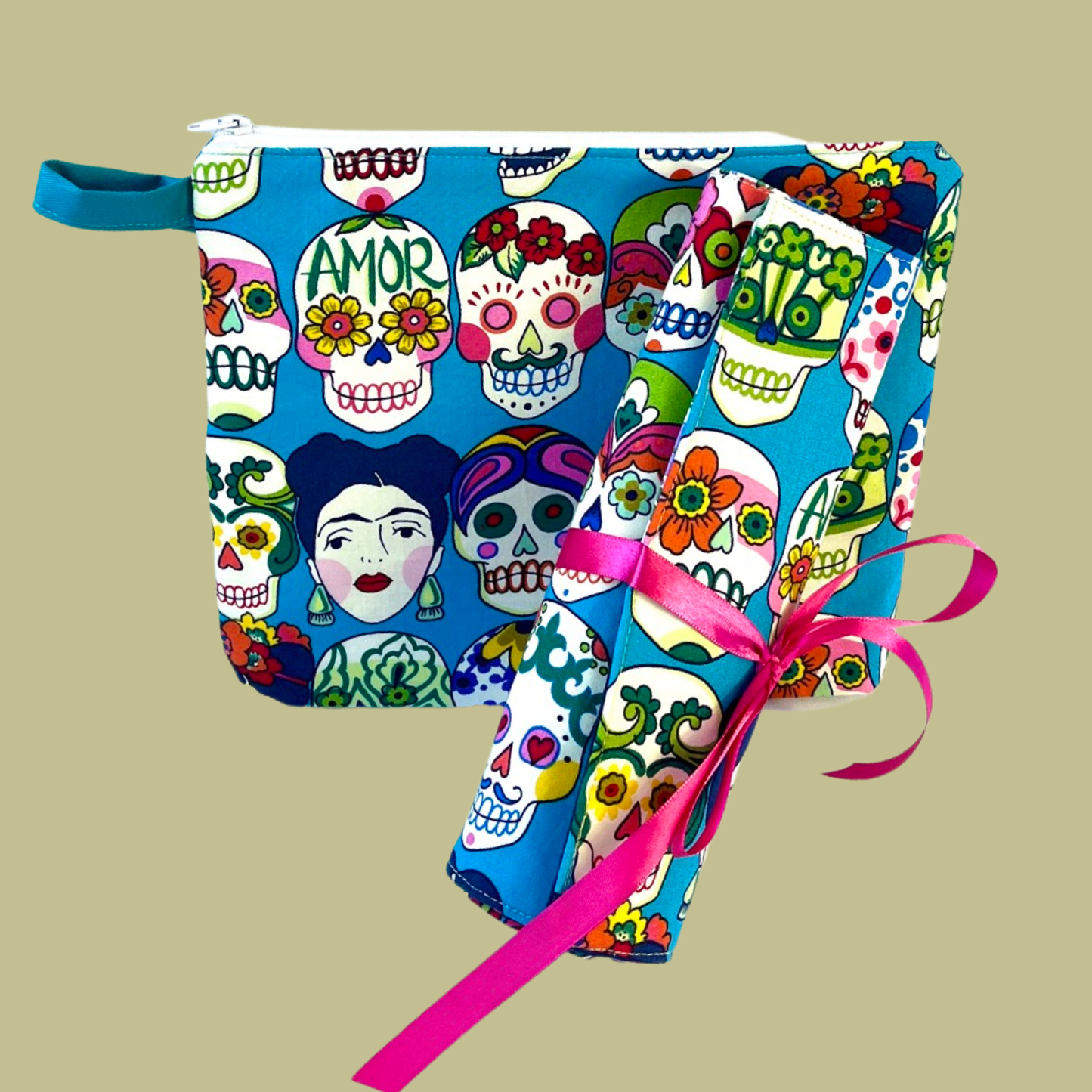 Frida and Calaveras brush roll and makeup bag (blue)