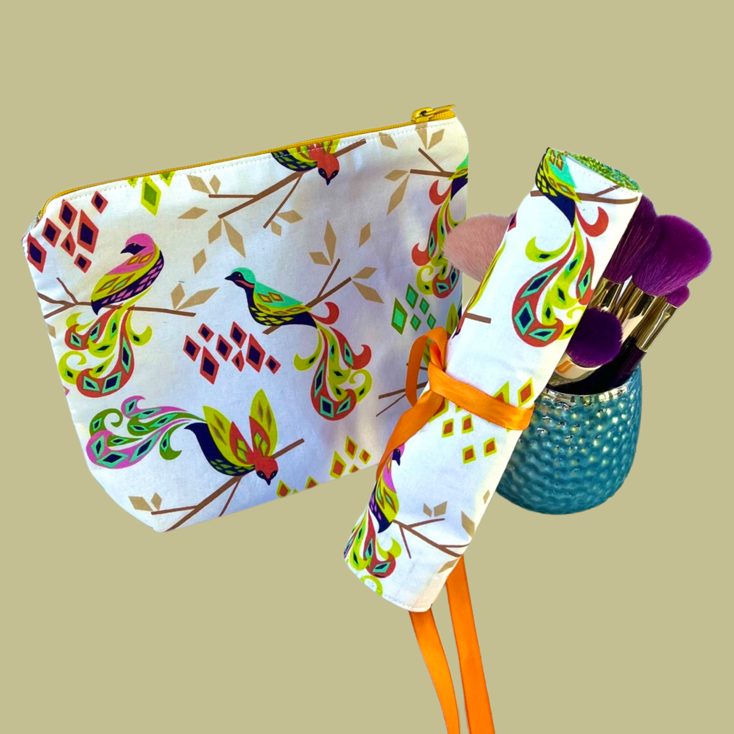 Birds Brushroll and Makeup Bag