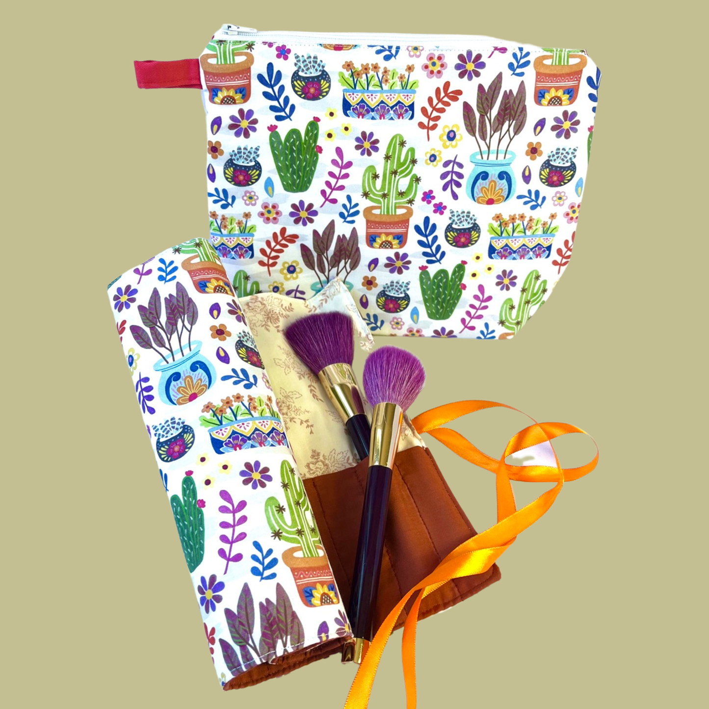 Succulents brush roll and makeup bag