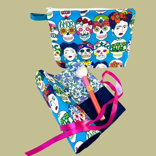 Frida and Calaveras brush roll and makeup bag (blue)