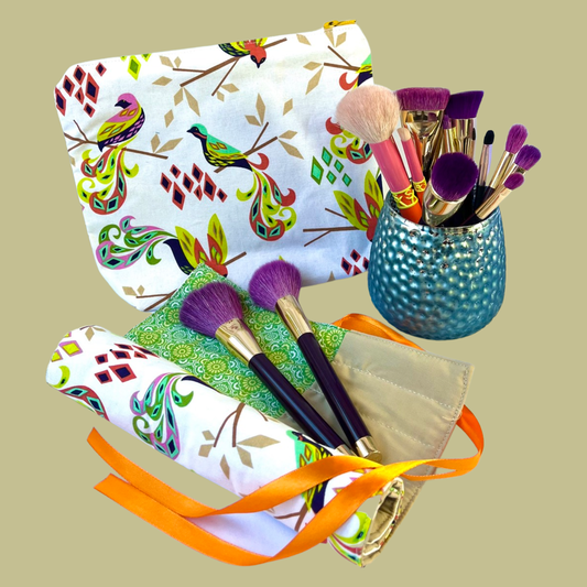 Birds Brushroll and Makeup Bag