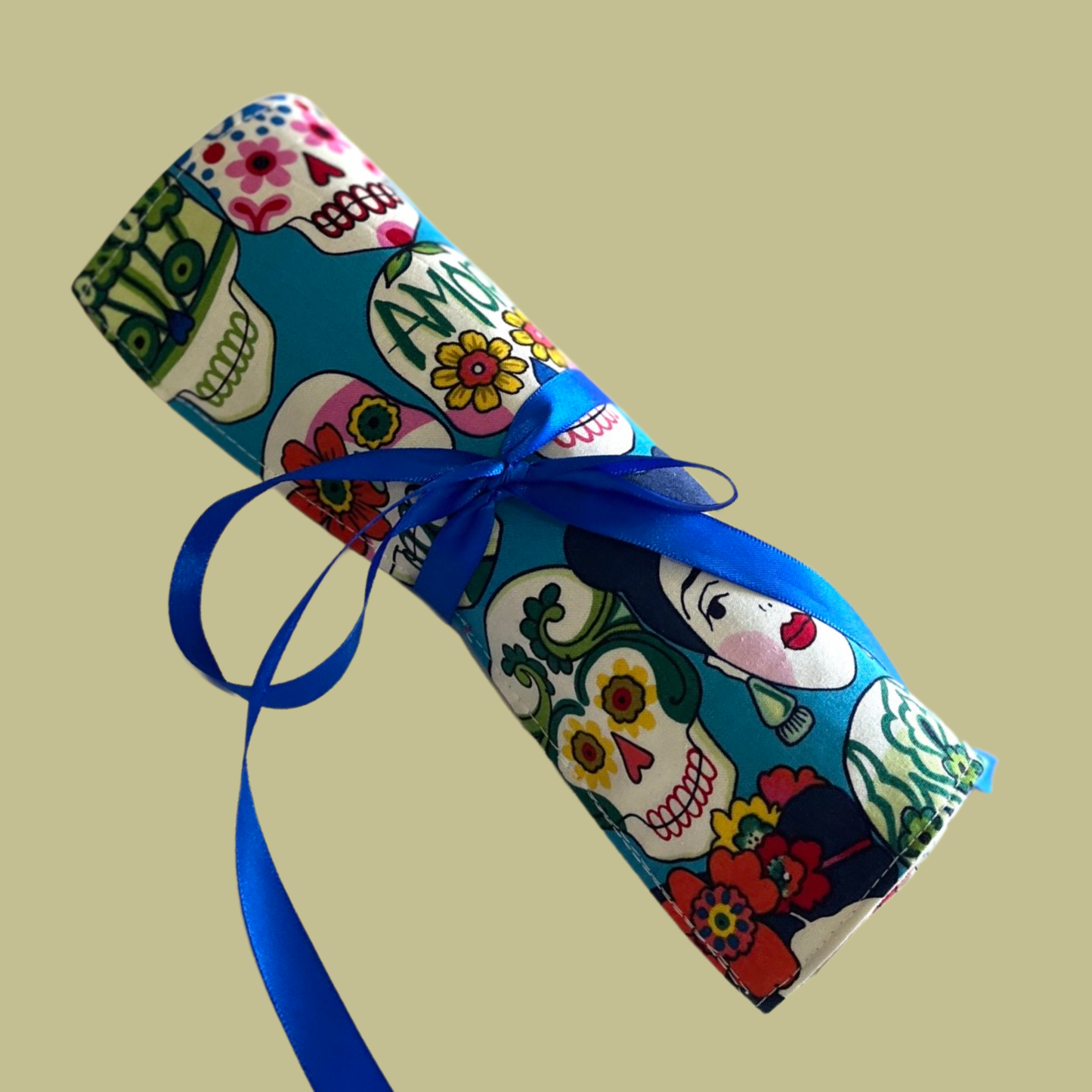 Frida and Calaveras brush roll and makeup bag (blue)
